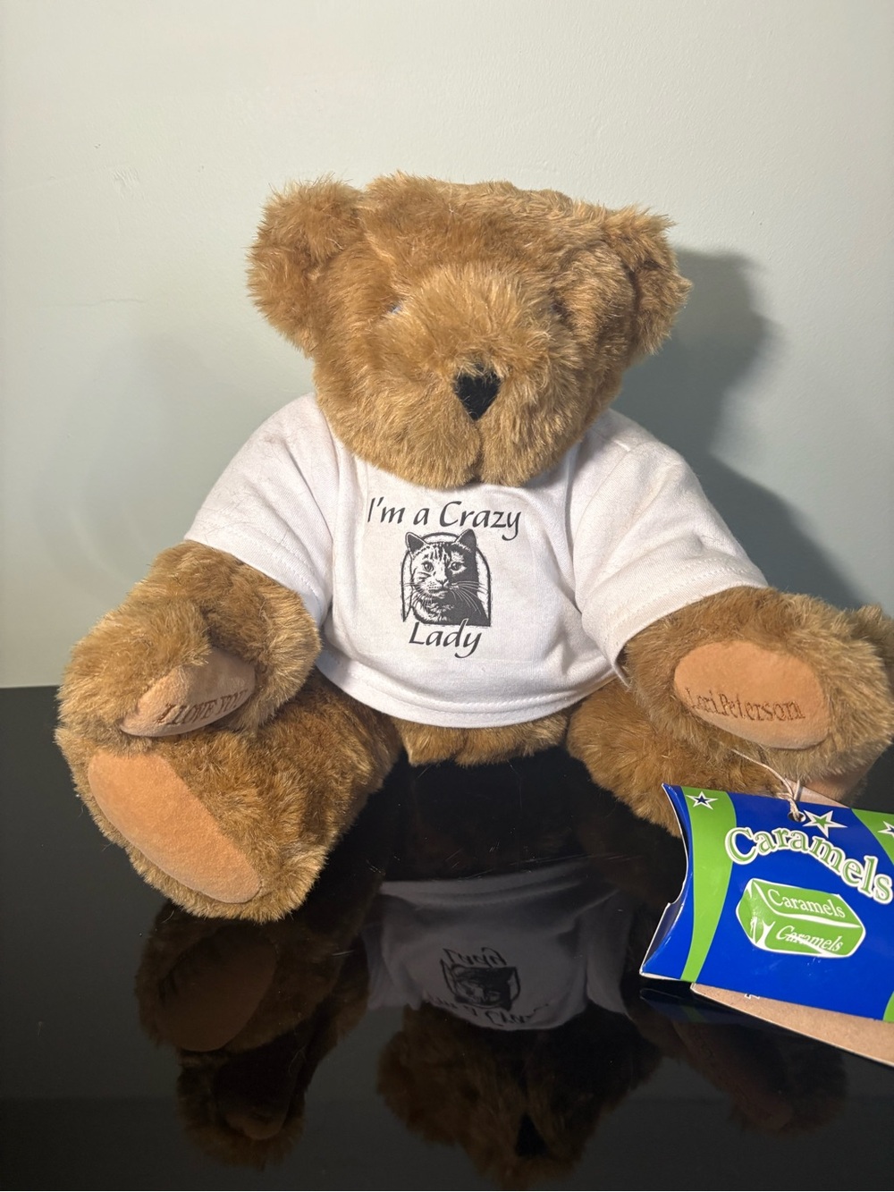 Brown Plush Teddy Bear in White 'I'm a Crazy Lady' T-Shirt